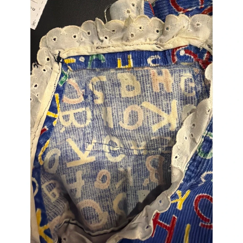 Vtg OshKosh B'gosh Blue Corduroy Alphabet Print Overalls Eyelet Lace 18 Mo USA‎